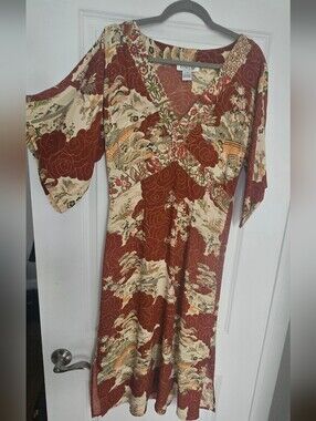 100% SILK Citron Rust and Cream Floral-Print V-Neck Midi Kimono Sleeves Dress